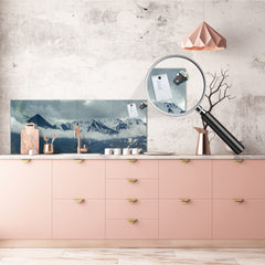 Large format horizontal backsplash - magnetic and non magnetic tempered glass:  Rain clouds among the  peaks