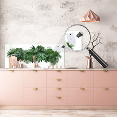 Large format horizontal backsplash - magnetic and non magnetic tempered glass:  Tropical leaves