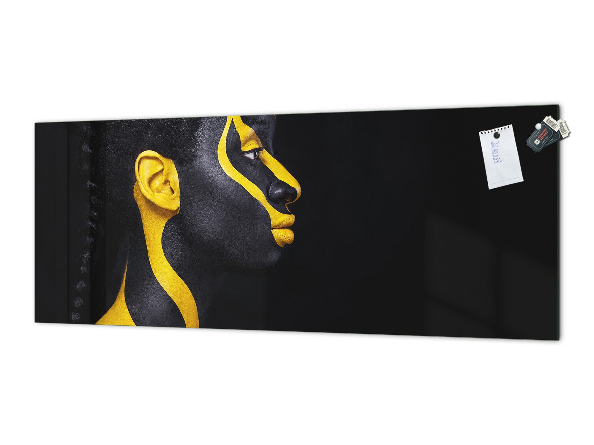 Glass splashback with metal backing - Kitchen glass panel:  Black and Yellow makeup