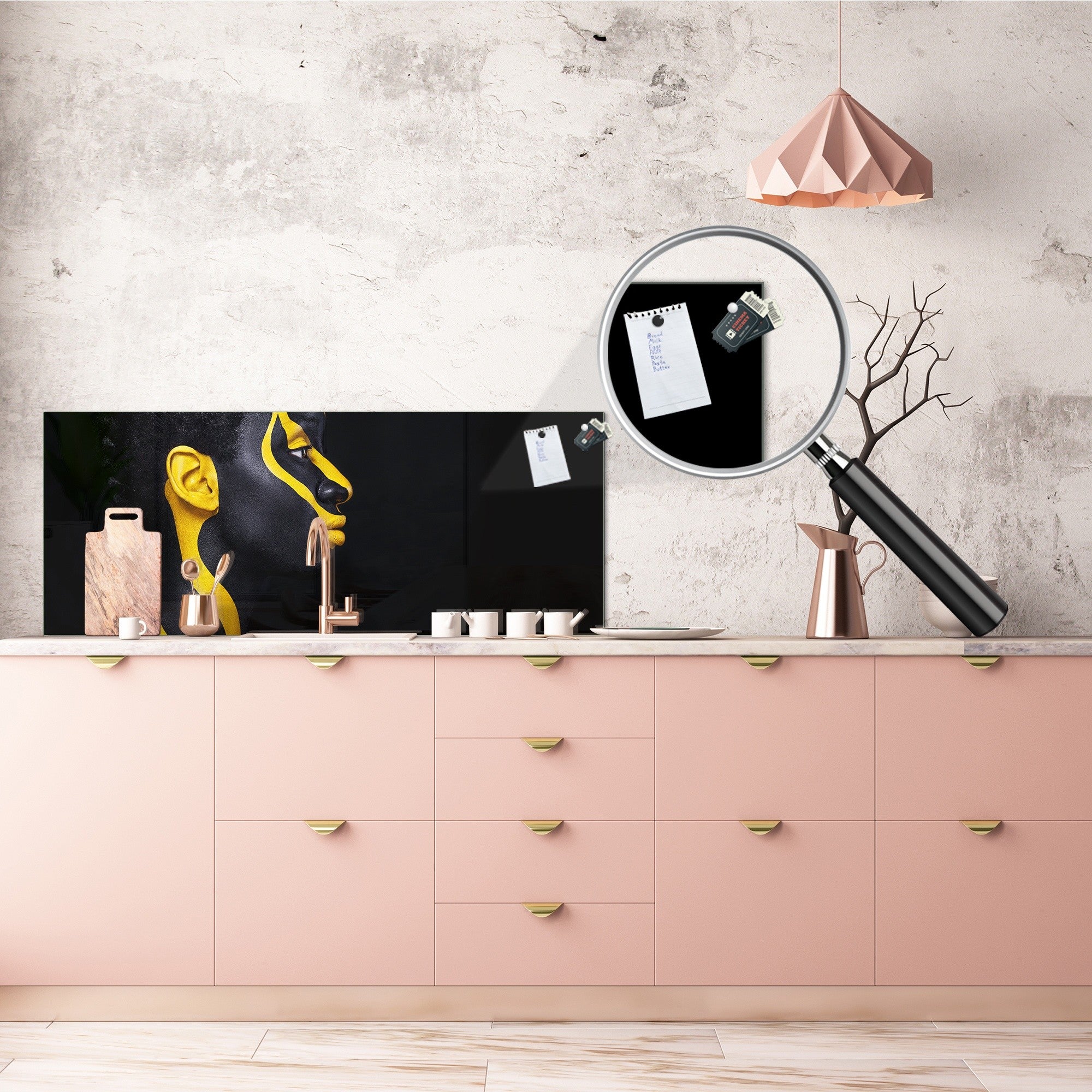 Glass splashback with metal backing - Kitchen glass panel:  Black and Yellow makeup