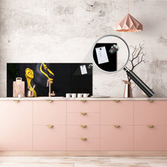 Glass splashback with metal backing - Kitchen glass panel:  Black and Yellow makeup