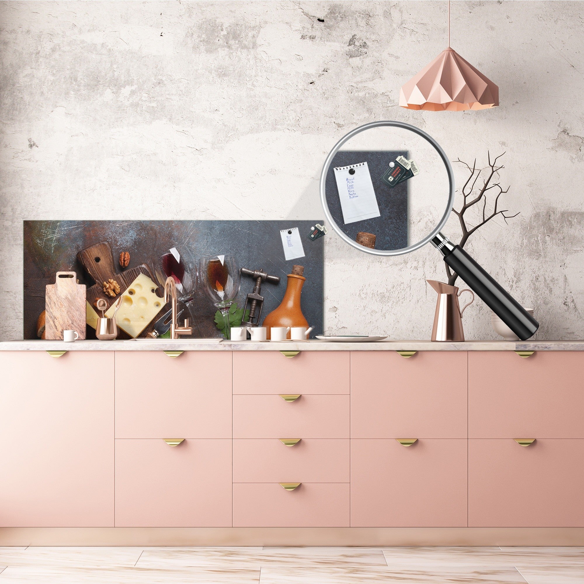 Stunning glass wall art - Wide format  backsplash with magnetic properties:  Wine, nuts and cheese