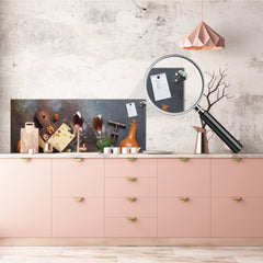 Stunning glass wall art - Wide format  backsplash with magnetic properties:  Wine, nuts and cheese