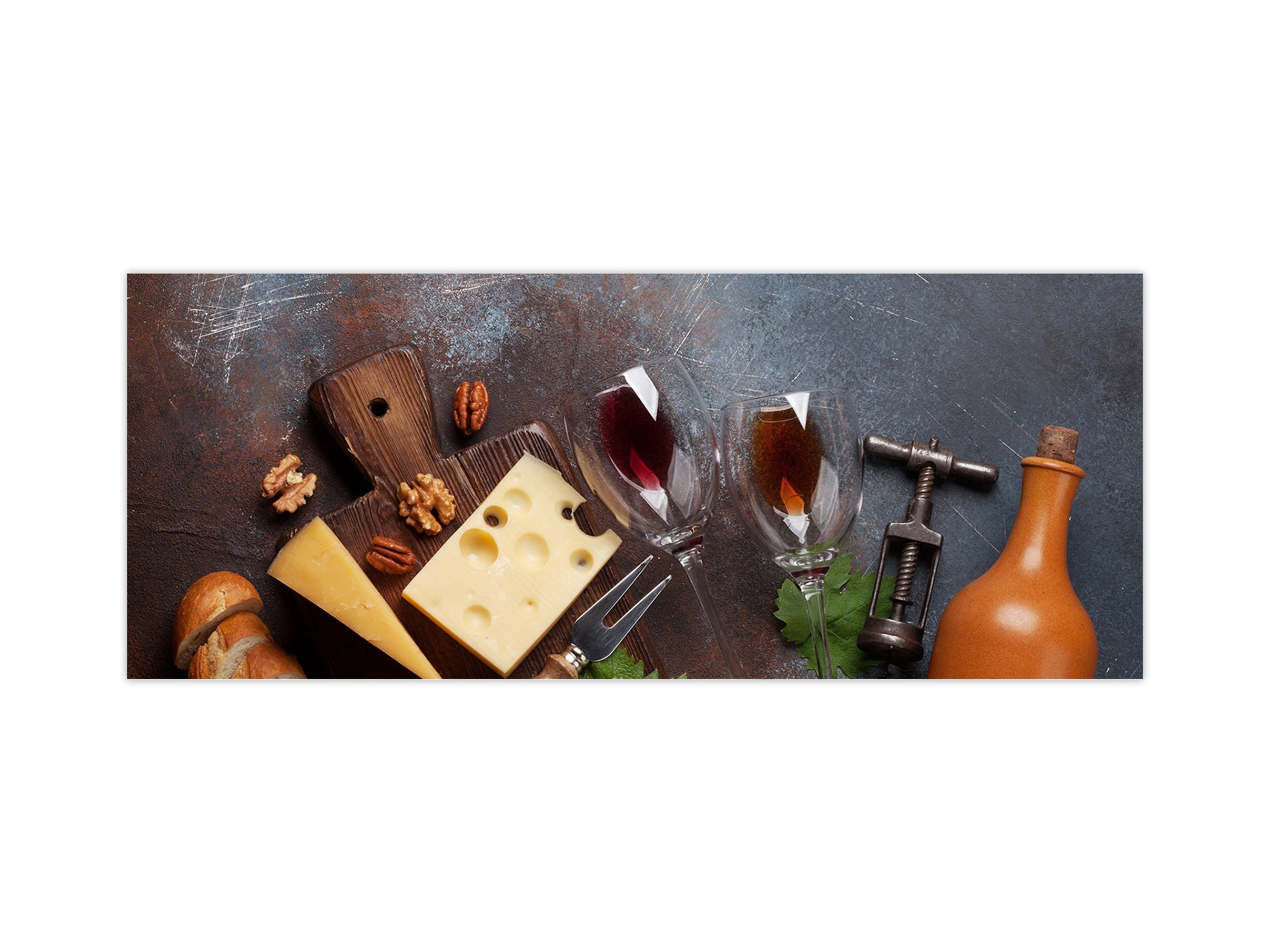 Stunning glass wall art - Wide format  backsplash with magnetic properties:  Wine, nuts and cheese