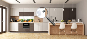 Wide-format tempered glass kitchen wall panel with metal backing - and without: Fruits and veggies on white