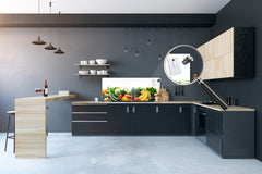 Wide-format tempered glass kitchen wall panel with metal backing - and without: Fruits and veggies on white