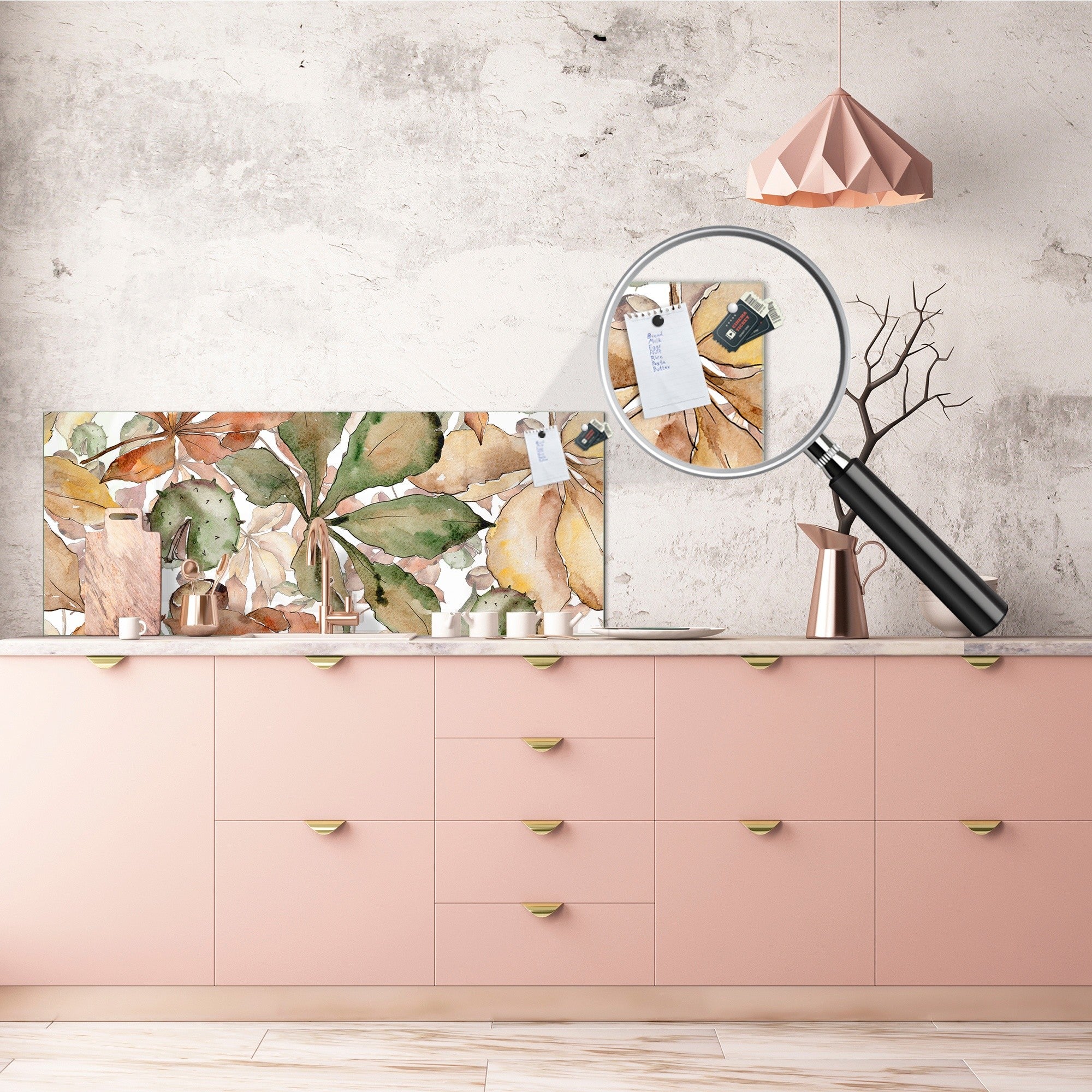 Großformatige Küchenwandplatte aus gehärtetem Glas mit Metallrückseite – und ohne: Herbstliche Kastanienblätter 