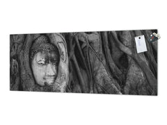 Wide-format tempered glass kitchen wall panel with metal backing - and without:  Buddhist monk head Wat mahathat