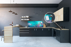 Wide-format tempered glass kitchen wall panel with metal backing - and without:  Butterfly in the moon