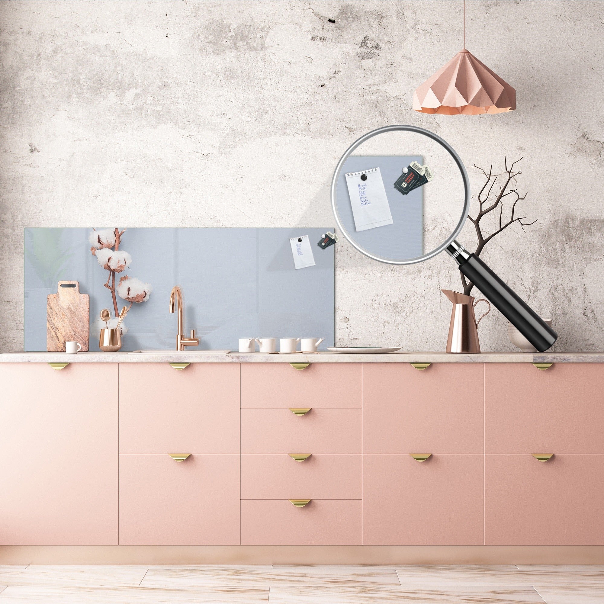 Wide-format tempered glass kitchen wall panel with metal backing - and without:  Cotton flower