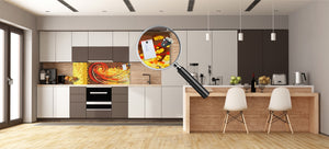 Wide-format tempered glass kitchen wall panel with metal backing - and without:  Color whirls