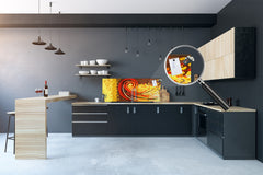 Wide-format tempered glass kitchen wall panel with metal backing - and without:  Color whirls