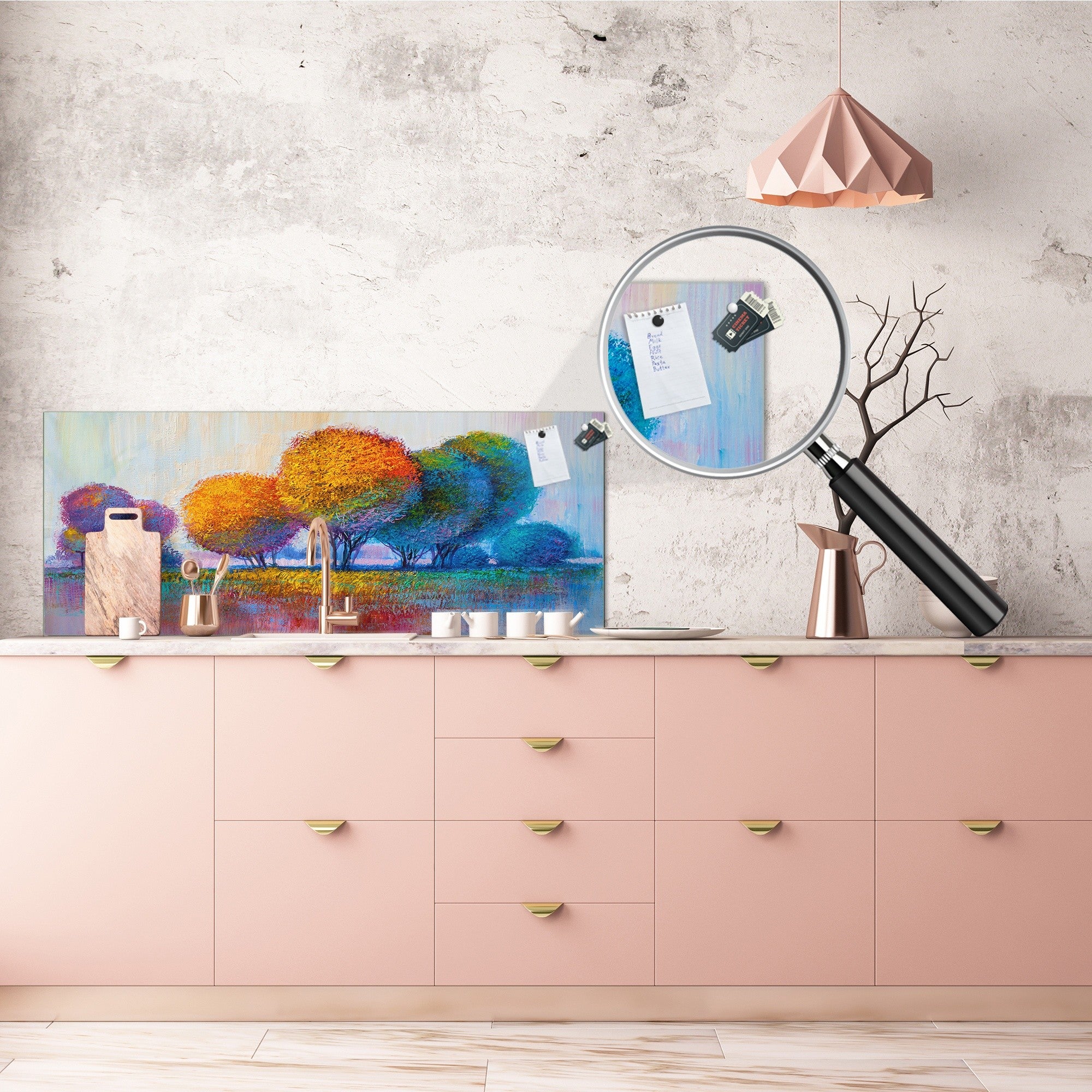 Toughened printed glass backsplash - Wideformat steel coated wall glass splashback: Handpained forrest