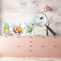 Toughened printed glass backsplash - Wideformat steel coated wall glass splashback: 3D  Water splash Fruits
