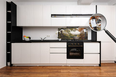 Stunning glass wall art - Wide format  backsplash with magnetic properties:  Mountain Misty Valley