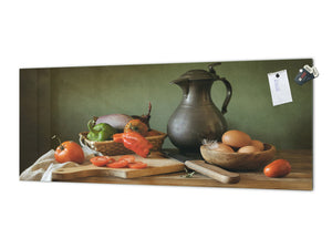 Stunning glass wall art - Wide format  backsplash with magnetic properties:   Still life with red peppers
