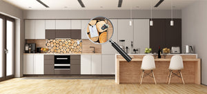 Tempered Glass magnetic and non magnetic splashback in wide-format: Wood log pile