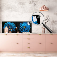 Glass kitchen panel with and w/o stainless steel back-coating: Blue dahlia flowers
