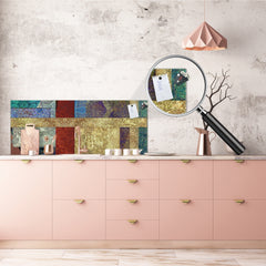 Glass kitchen panel with and w/o stainless steel back-coating: Shabby golden texture