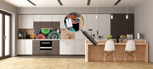 Glass kitchen panel with and w/o stainless steel back-coating: Chameleon tails 2