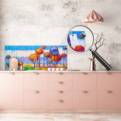 Glass backsplash w/ and w/o metal sheet backing with magnetic properties:  Landscape trees in park