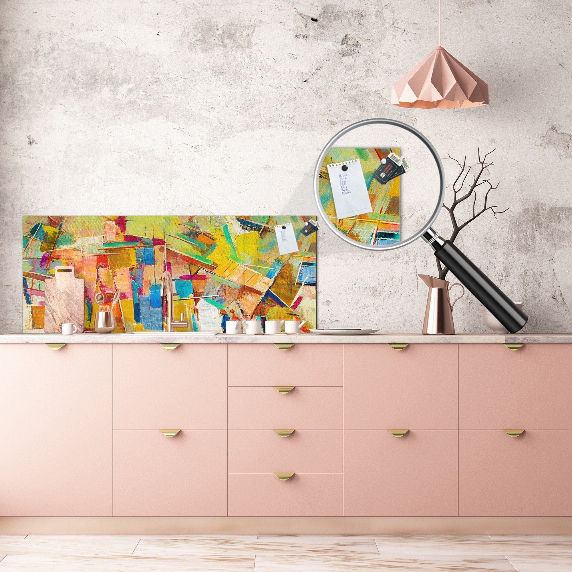 Glass backsplash w/ and w/o metal sheet backing with magnetic properties:  Abstrac oil painting