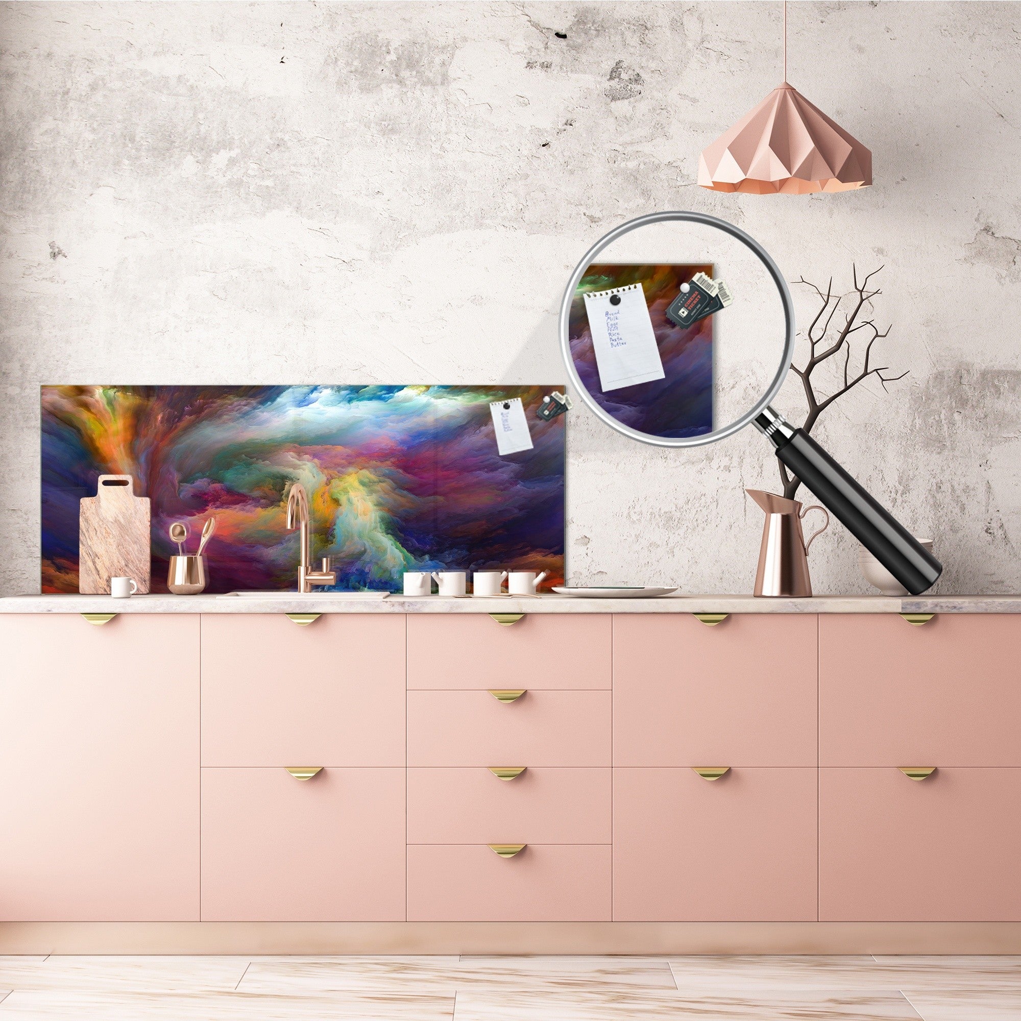 Glass kitchen panel with and w/o stainless steel back-coating: Visions of digital paint