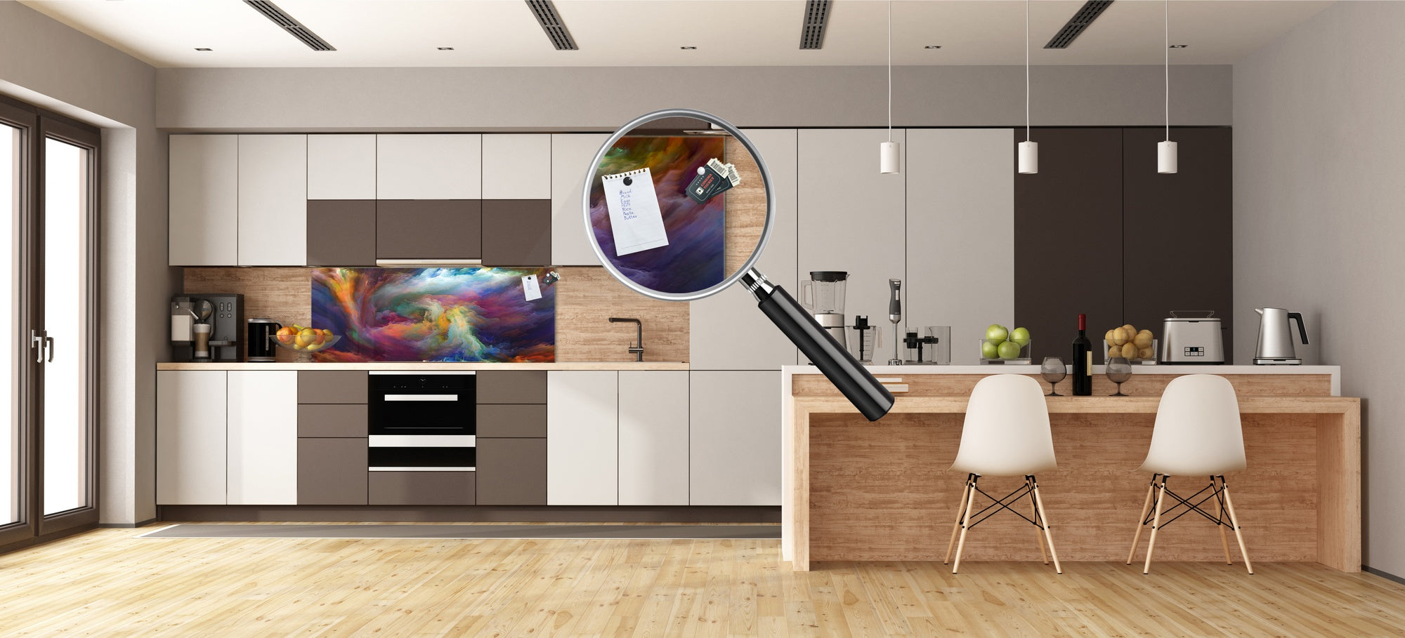 Glass kitchen panel with and w/o stainless steel back-coating: Visions of digital paint