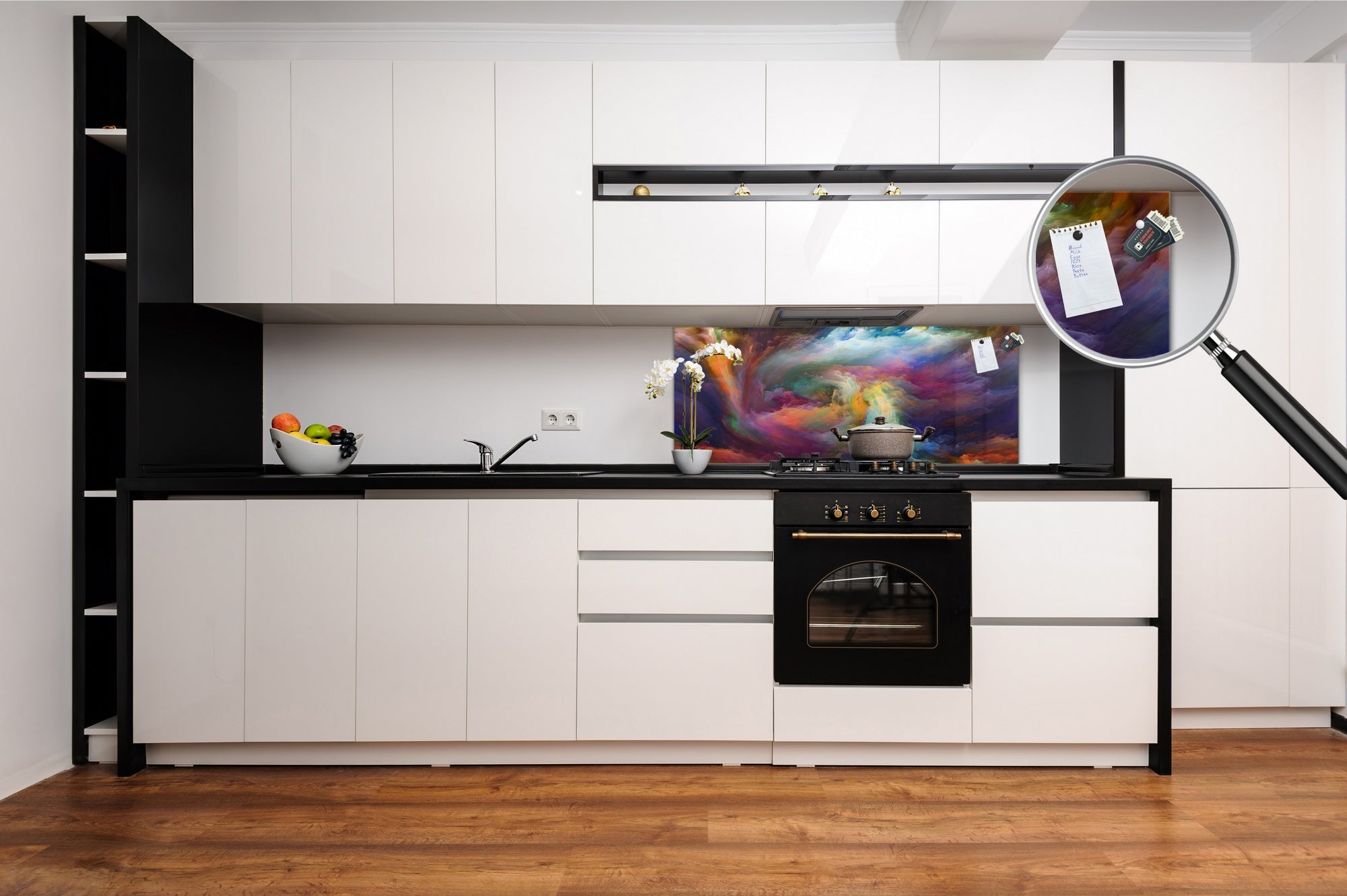 Glass kitchen panel with and w/o stainless steel back-coating: Visions of digital paint