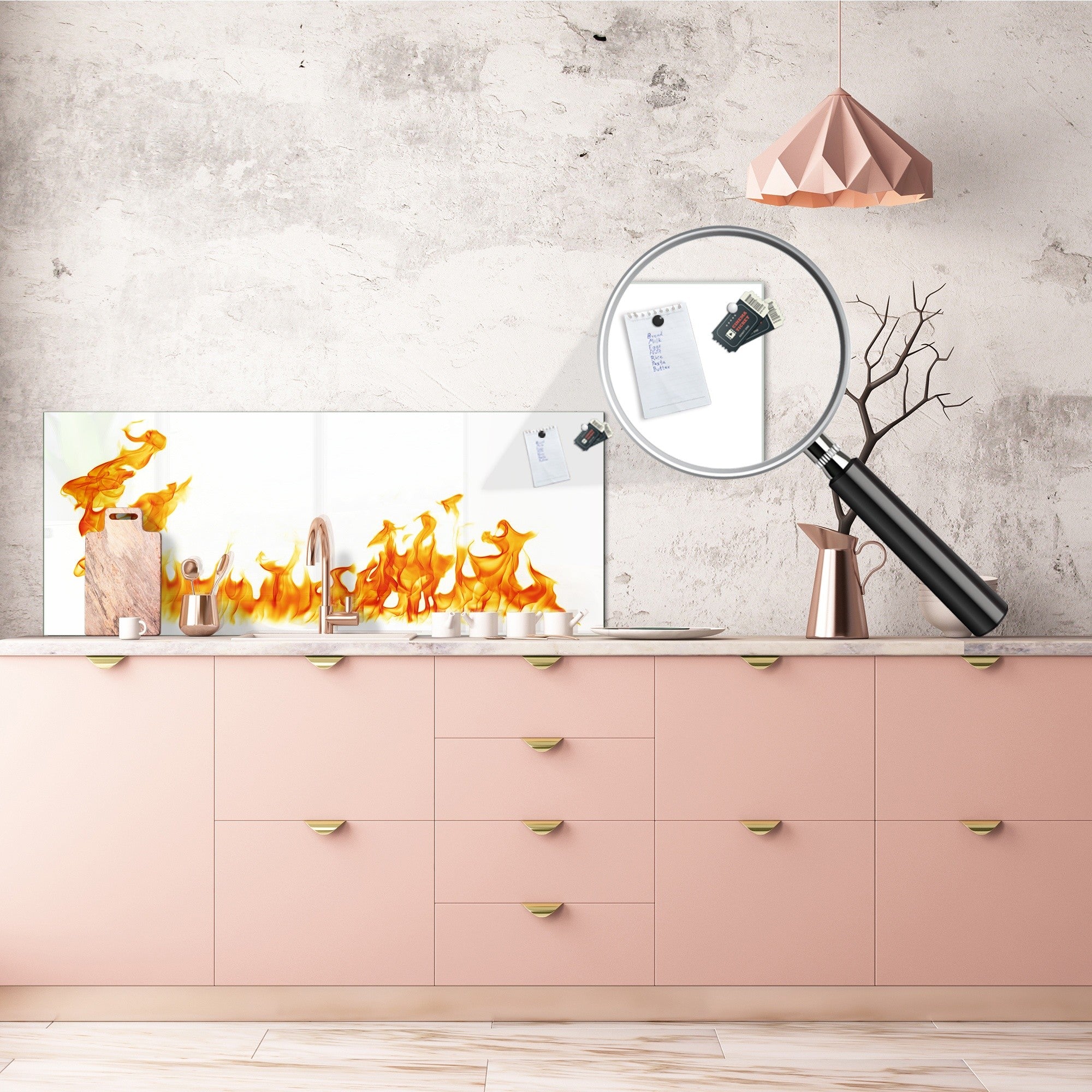 Glass kitchen panel with and w/o stainless steel back-coating: Fire flames