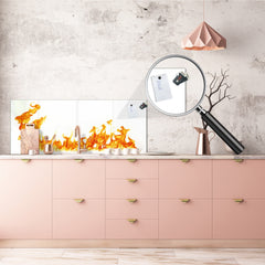 Glass kitchen panel with and w/o stainless steel back-coating: Fire flames