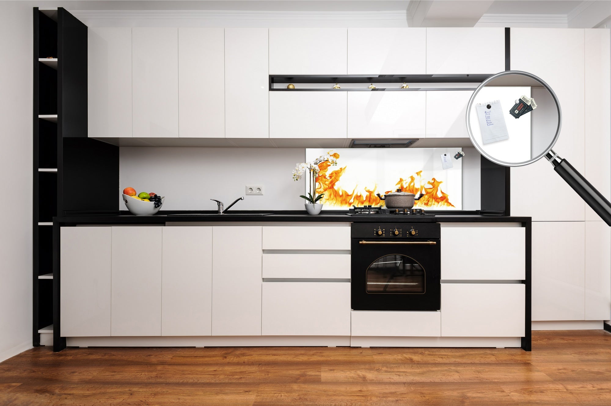 Glass kitchen panel with and w/o stainless steel back-coating: Fire flames