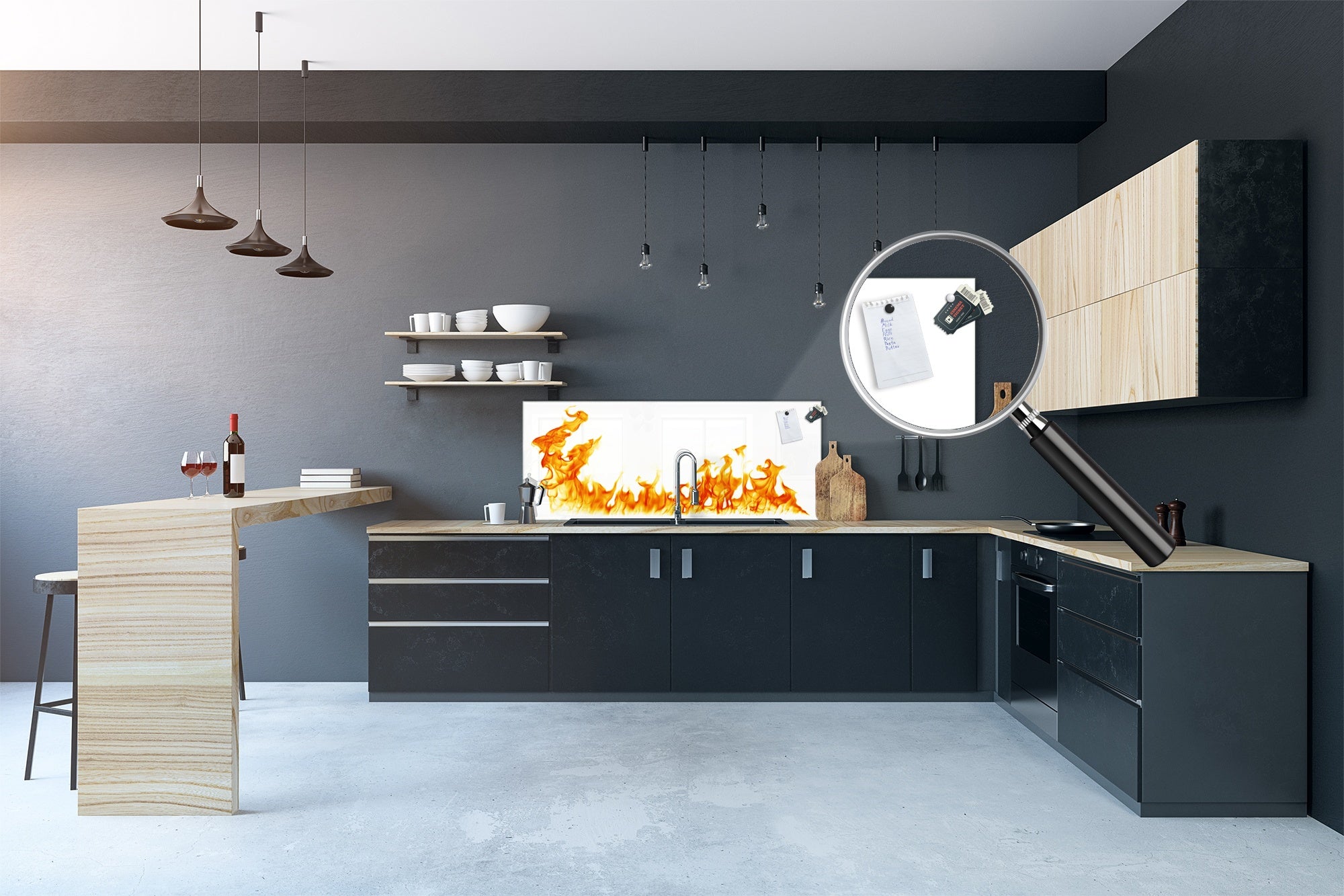 Glass kitchen panel with and w/o stainless steel back-coating: Fire flames