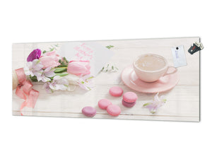 Glass kitchen panel with and w/o stainless steel back-coating: Tulips and cup of coffee