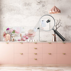 Glass kitchen panel with and w/o stainless steel back-coating: Tulips and cup of coffee