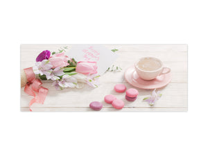 Glass kitchen panel with and w/o stainless steel back-coating: Tulips and cup of coffee