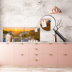 Glass kitchen panel with and w/o stainless steel back-coating: Barcelona from the Gaudi park