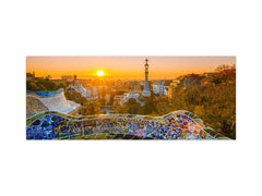 Glass kitchen panel with and w/o stainless steel back-coating: Barcelona from the Gaudi park