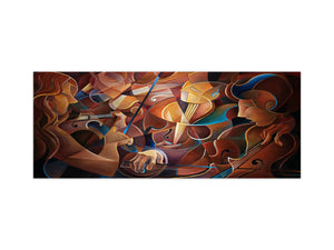 Glass backsplash w/ and w/o metal sheet backing with magnetic properties: Music quartet oil painting