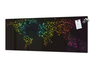 Glass backsplash w/ and w/o metal sheet backing with magnetic properties: Neon glowing world map