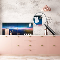 Glass backsplash w/ and w/o metal sheet backing with magnetic properties: Never land landscape Paint series