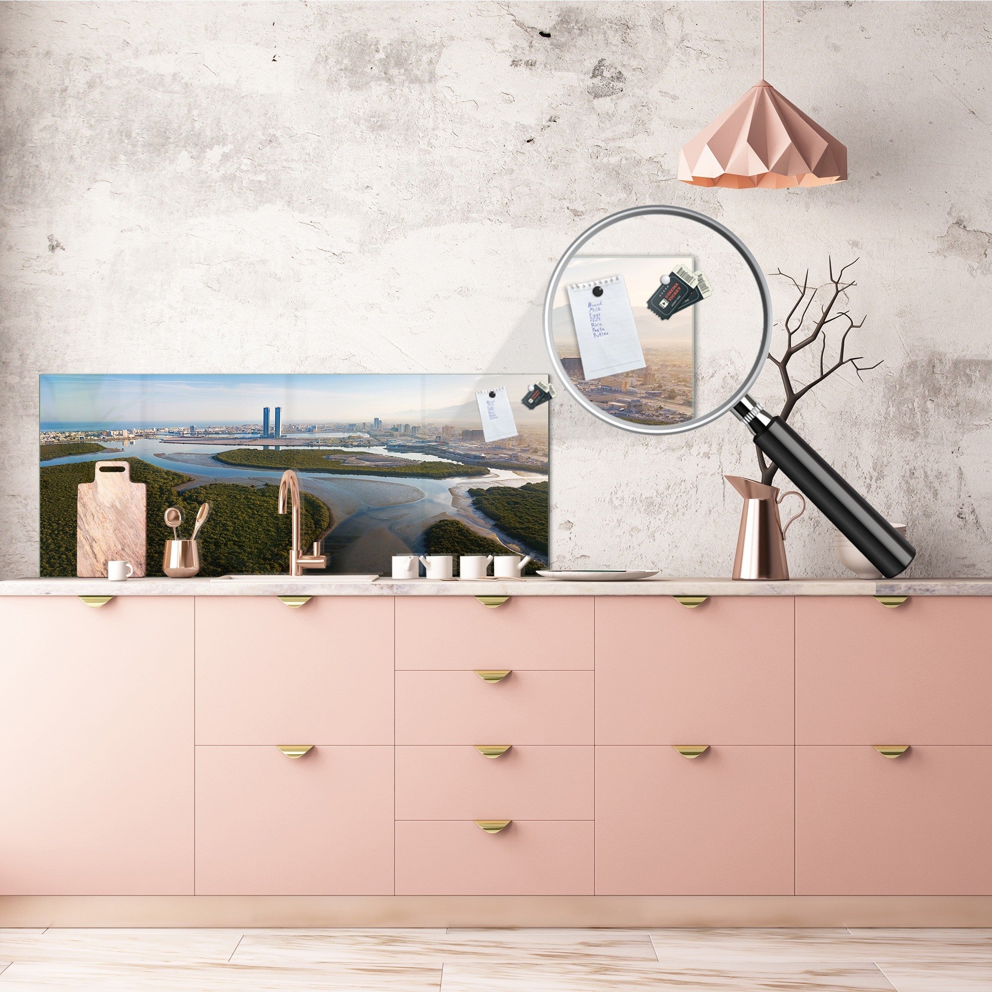 Glass backsplash w/ and w/o metal sheet backing with magnetic properties: Panoramic view of Ras al Khaimah