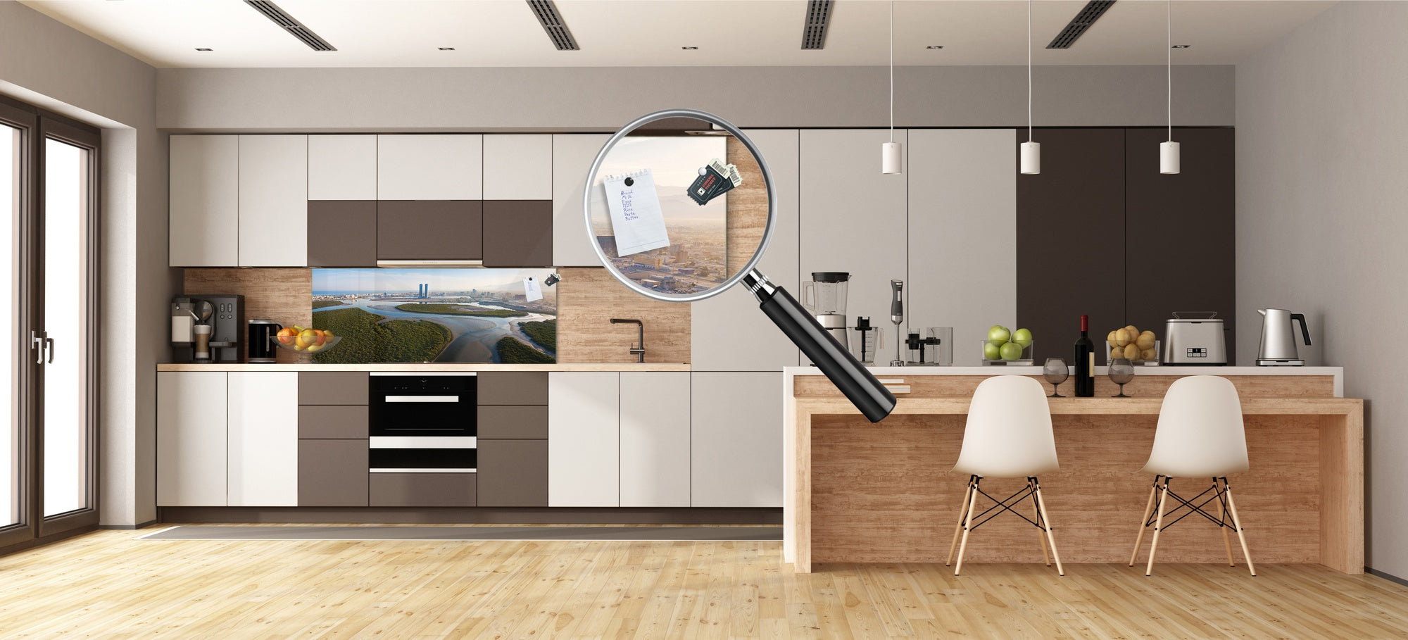 Glass backsplash w/ and w/o metal sheet backing with magnetic properties: Panoramic view of Ras al Khaimah