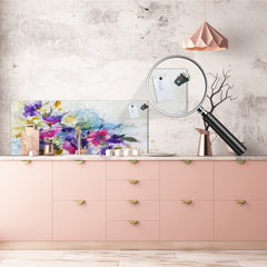 Glass backsplash w/ and w/o metal sheet backing with magnetic properties: Abstract spring flowers