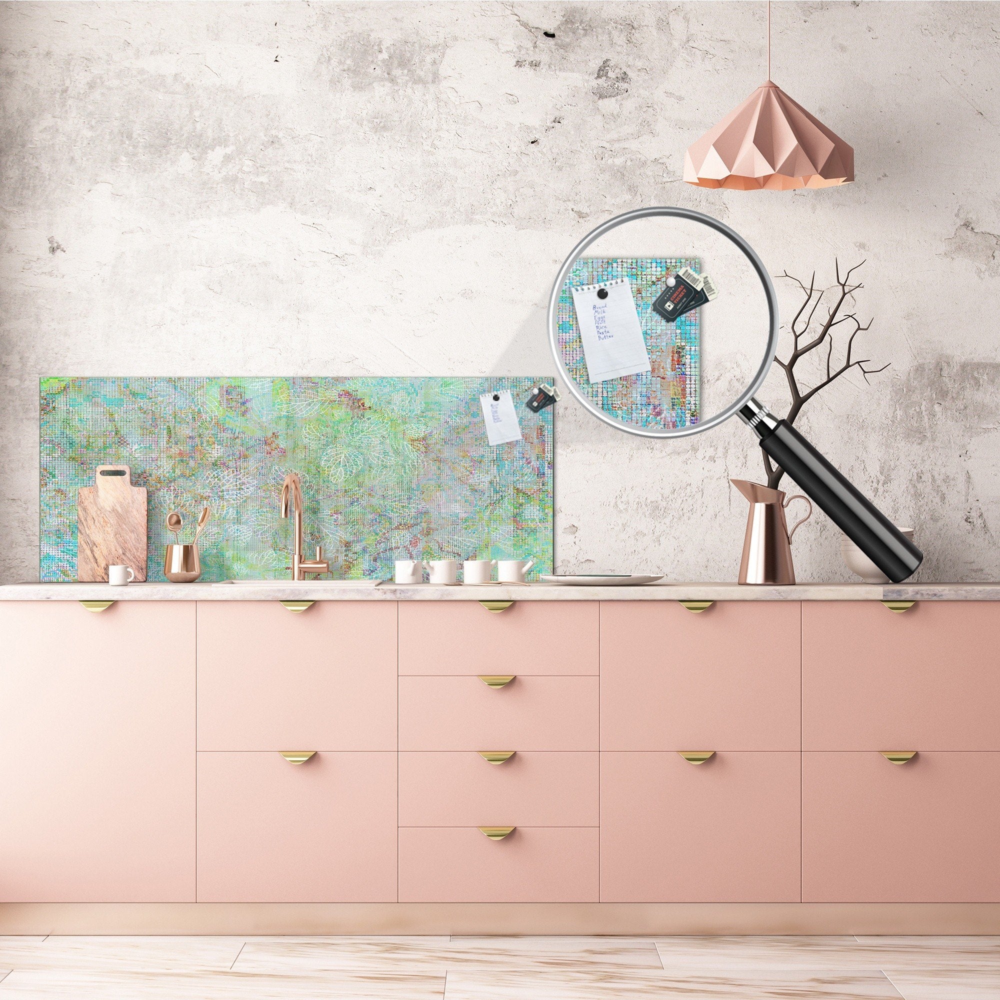 Glass backsplash w/ and w/o metal sheet backing with magnetic properties: Grunge wall art