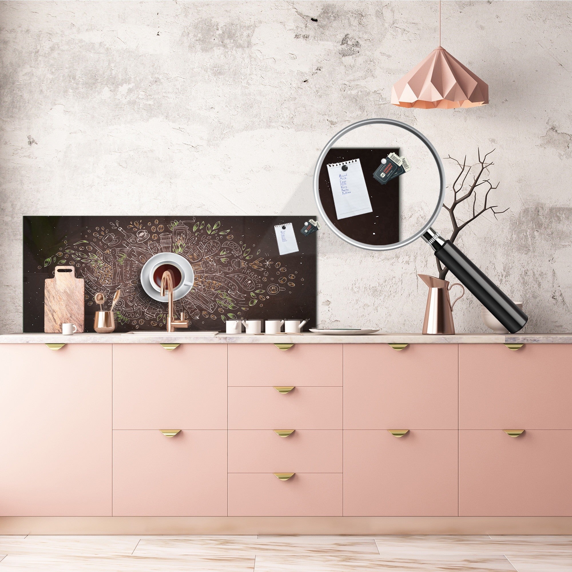 Large format horizontal backsplash - magnetic and non magnetic tempered glass: Coffee chalk  concept