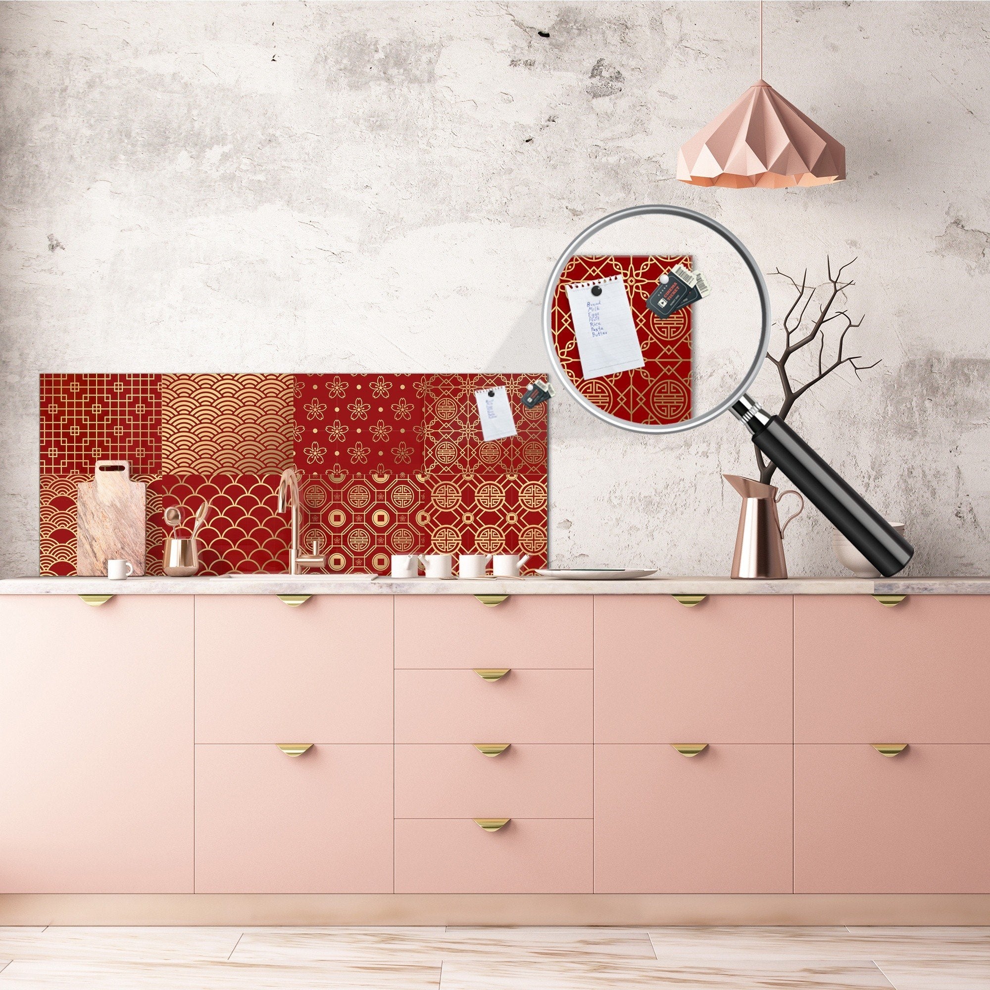 Large format horizontal backsplash - magnetic and non magnetic tempered glass: Golden Chinese paper