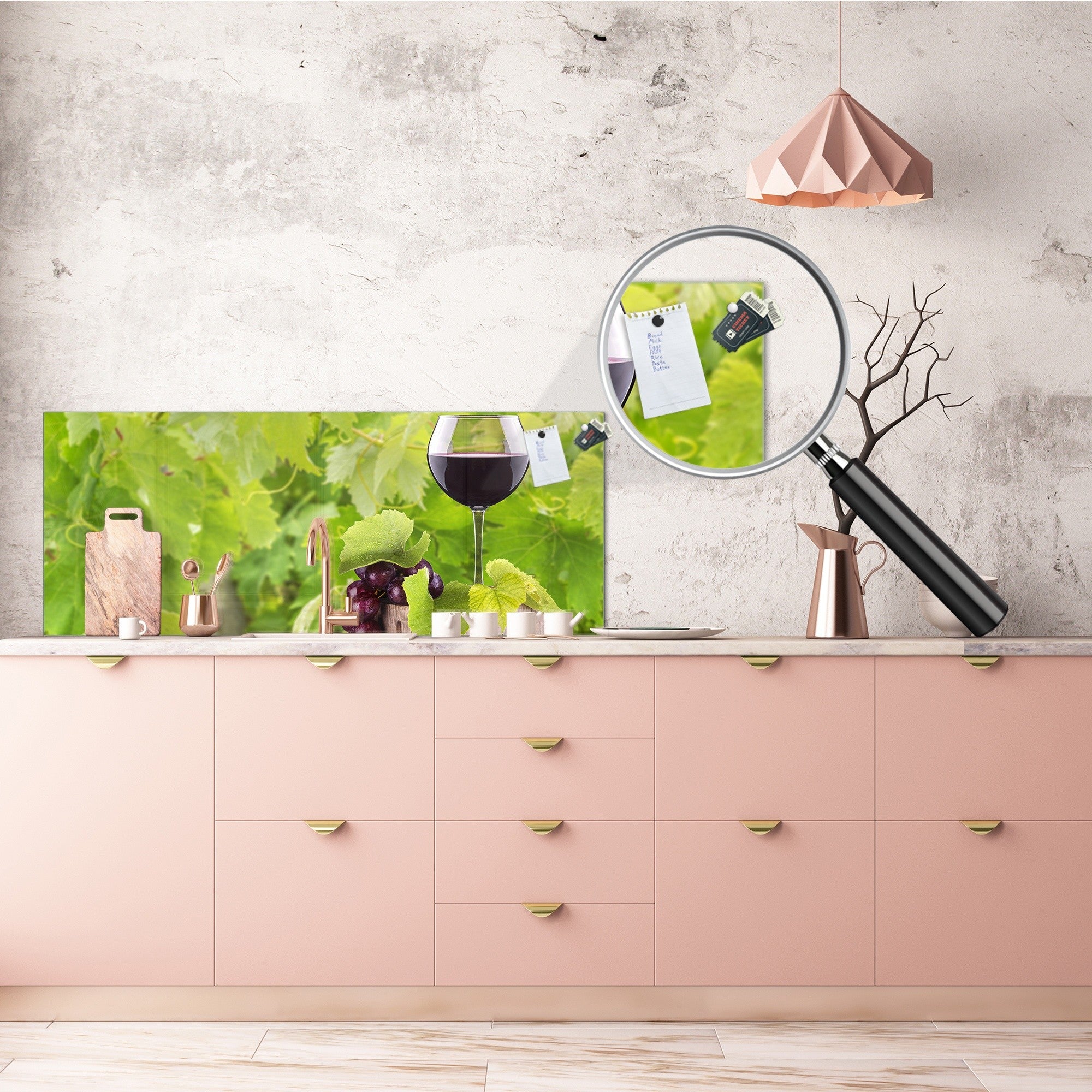 Large format horizontal backsplash - magnetic and non magnetic tempered glass: Grapes and wine glass