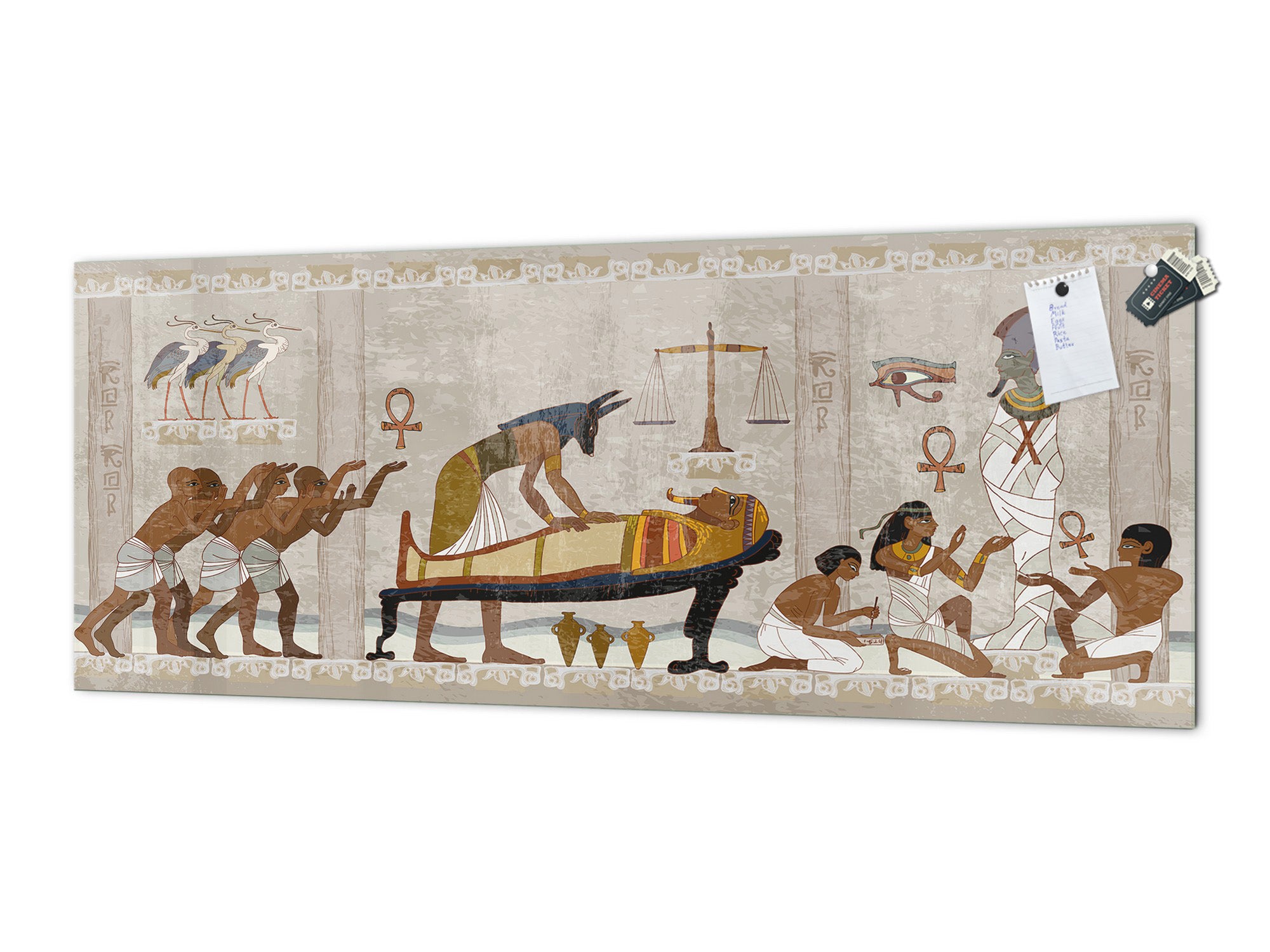 Large format horizontal backsplash - magnetic and non magnetic tempered glass: Anubis and pharaoh sarcophagus