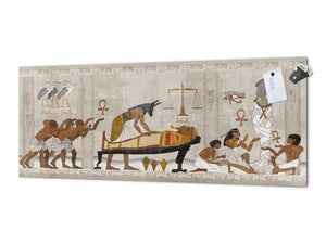 Large format horizontal backsplash - magnetic and non magnetic tempered glass: Anubis and pharaoh sarcophagus